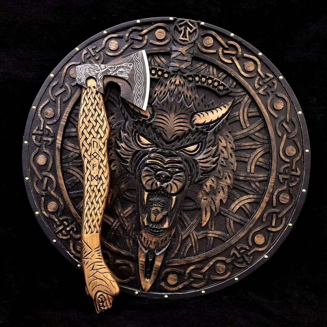 Hand carved viking steel with viking axe with viking sheild .