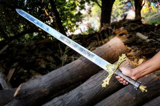 King Arthur Excalibur sword Handmade Stainless Steel | Merlin sword with crown head | Unique combat sword with leather sheath | Best Gift