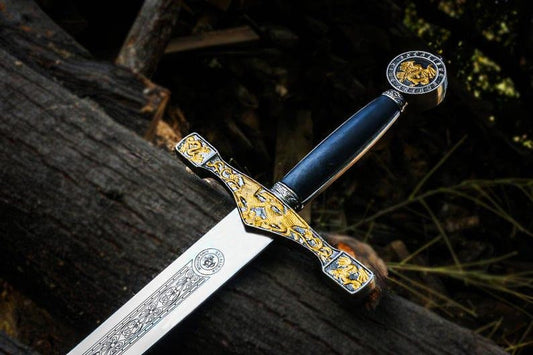 King Arthur Excalibur sword Handmade Stainless Steel | Merlin sword with crown head | Unique combat sword with leather sheath | Best Gift